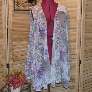 LOGO Lori Goldstein XL Sheer Lavendar Chiffon Vest Knit Yoke Mixed Patterns